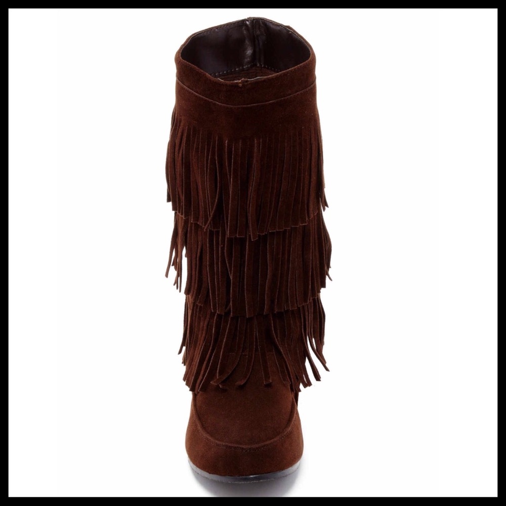BROWN VEGAN SUEDE BOHO TASSEL FRINGE TRIM BOOTS - Picture 5 of 8